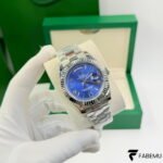 Rolex Day‑Date 40 – 18K White Gold – Bright Blue Sunburst Roman Dial – Fluted Bezel – President Bracelet – Ref. 228239